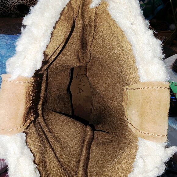 MIA Sz9 Y2K Tan Suede Faux Shearling Trim Retro Boho Hippie Wood Heel Clog Boots - Picture 7 of 11
